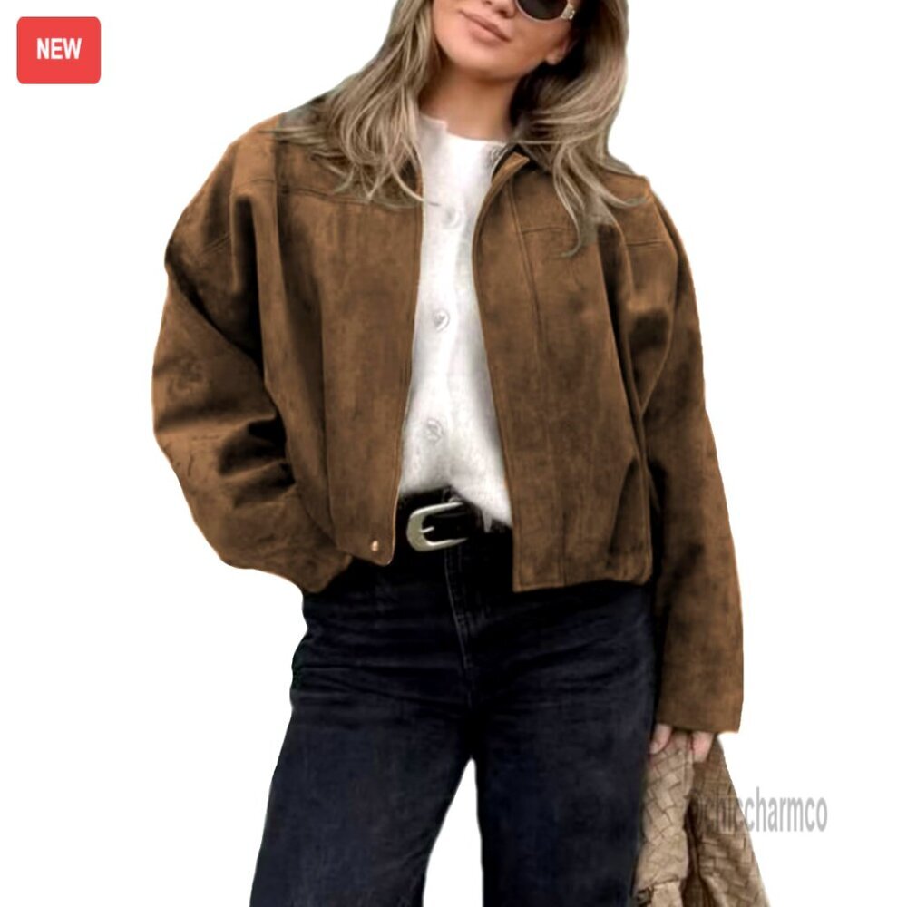 Cropped Suede Bomber Jacket Long Sleeve Zipper Y2K Pilot Outerwear